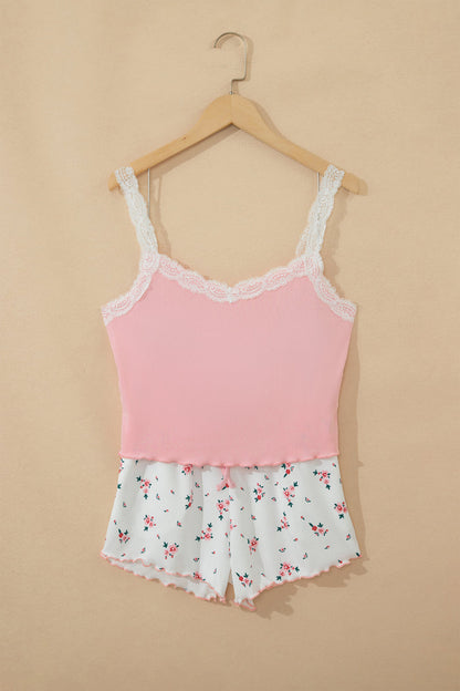 Pink Ribbed Knit Lace Straps Patchwork Lettuce Hem Cropped Top Floral Short Lounge Set 🇺🇸