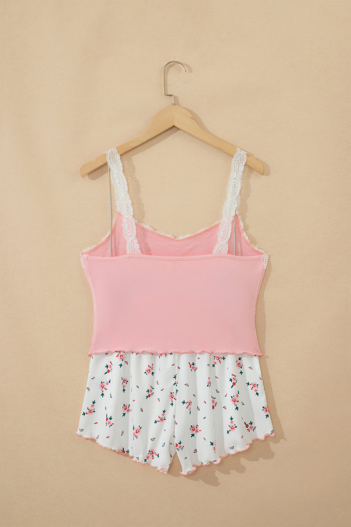 Pink Ribbed Knit Lace Straps Patchwork Lettuce Hem Cropped Top Floral Short Lounge Set 🇺🇸