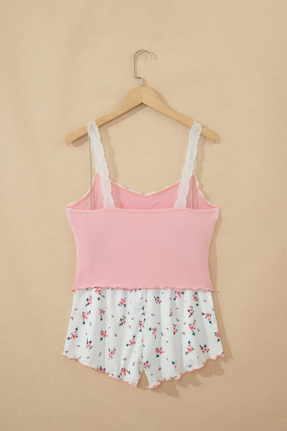 Pink Ribbed Knit Lace Straps Patchwork Lettuce Hem Cropped Top Floral Short Lounge Set 🇺🇸