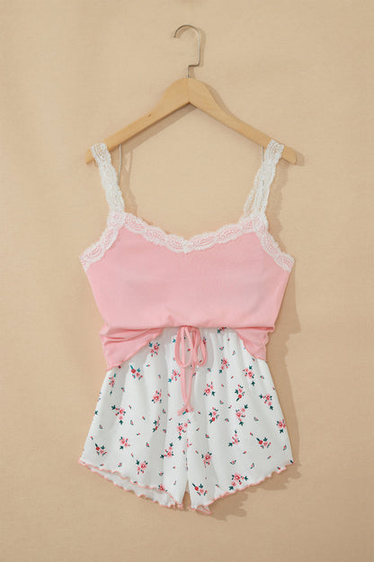 Pink Ribbed Knit Lace Straps Patchwork Lettuce Hem Cropped Top Floral Short Lounge Set 🇺🇸