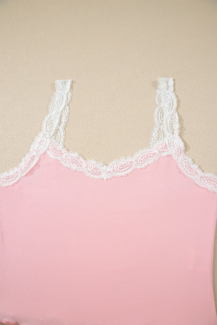 Pink Ribbed Knit Lace Straps Patchwork Lettuce Hem Cropped Top Floral Short Lounge Set 🇺🇸