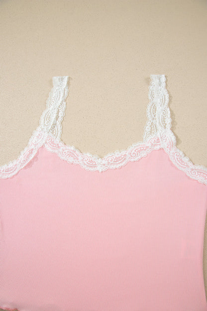 Pink Ribbed Knit Lace Straps Patchwork Lettuce Hem Cropped Top Floral Short Lounge Set 🇺🇸