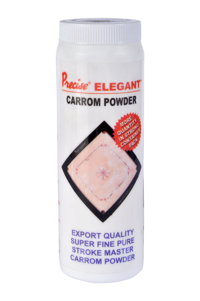 A bottle of Carrom Powder with branding and text indicating that it is a product for carrom boards.