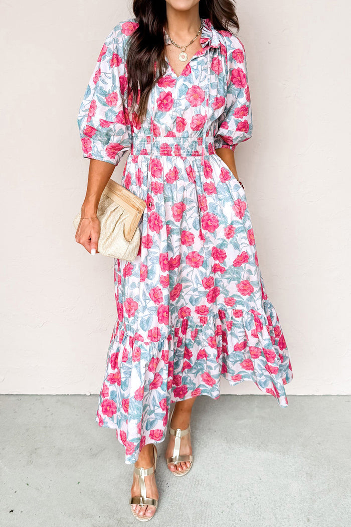 Red Elegant Floral Puff Sleeve Midi Dress 🇺🇸