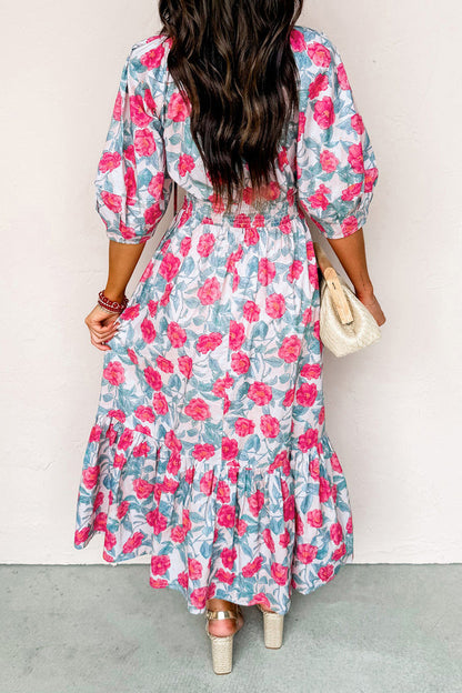 Red Elegant Floral Puff Sleeve Midi Dress 🇺🇸