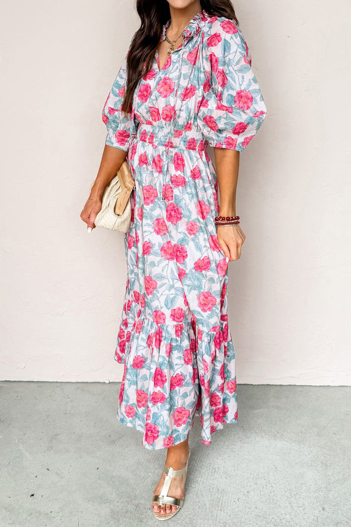 Red Elegant Floral Puff Sleeve Midi Dress 🇺🇸