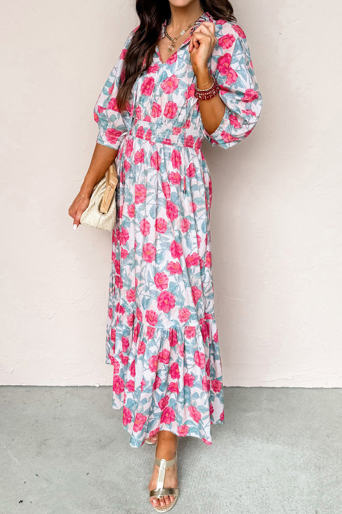 Red Elegant Floral Puff Sleeve Midi Dress 🇺🇸
