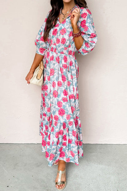 Red Elegant Floral Puff Sleeve Midi Dress 🇺🇸