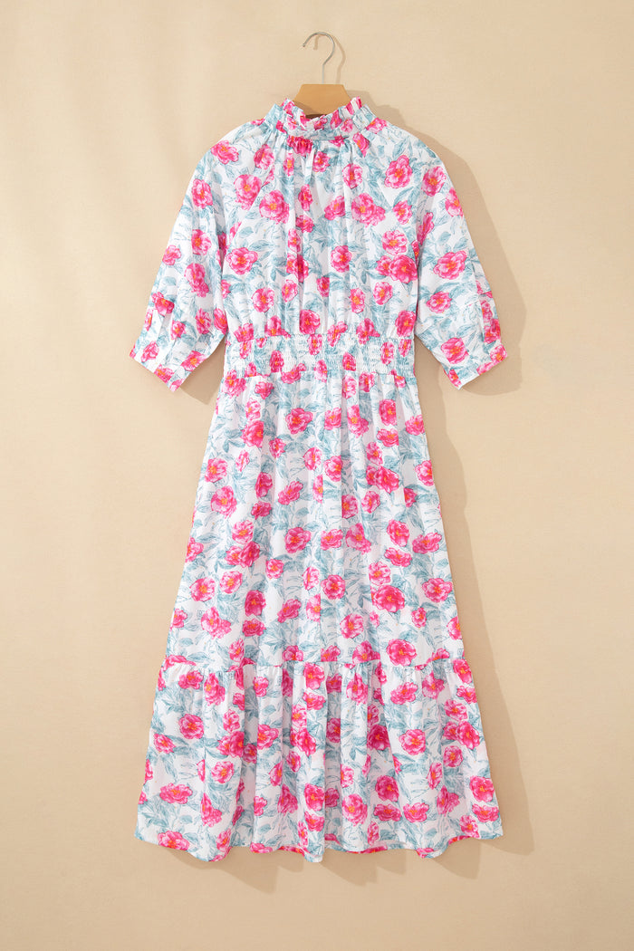 Red Elegant Floral Puff Sleeve Midi Dress 🇺🇸
