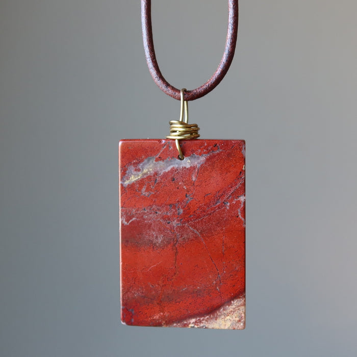 red rectangle jasper necklace on leather