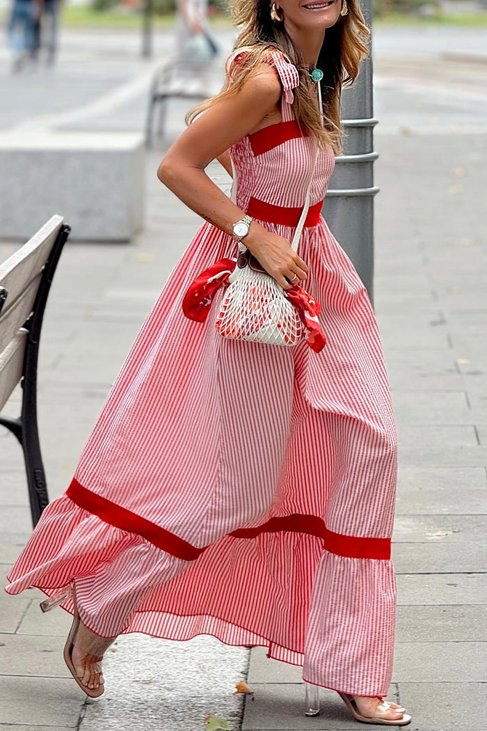Red Stripe Bow Knot Straps Contrast Trim High Waist Ruffle Hem Maxi Dress 🇺🇸