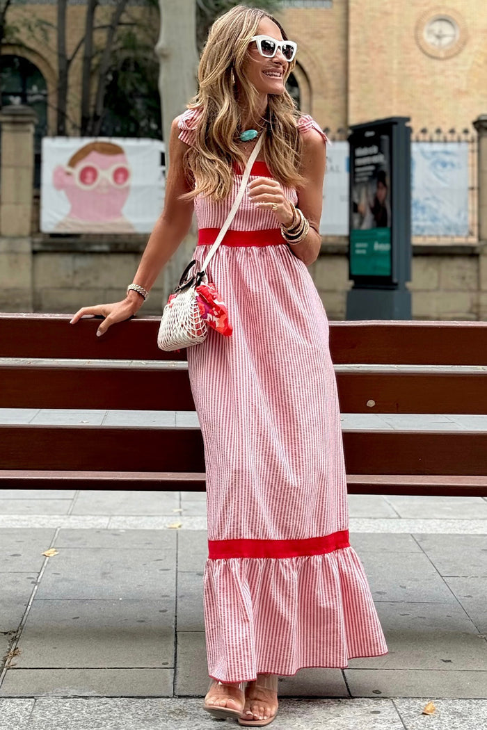 Red Stripe Bow Knot Straps Contrast Trim High Waist Ruffle Hem Maxi Dress 🇺🇸
