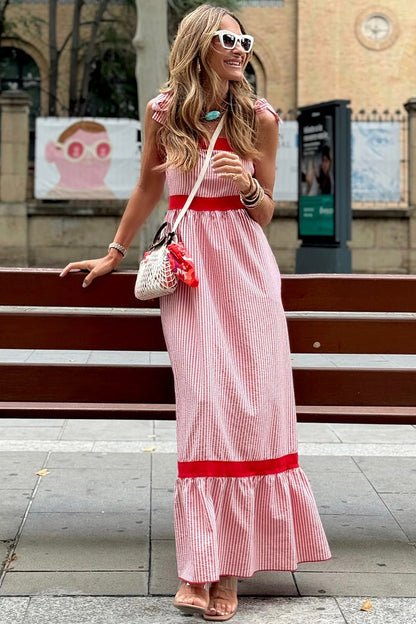 Red Stripe Bow Knot Straps Contrast Trim High Waist Ruffle Hem Maxi Dress 🇺🇸