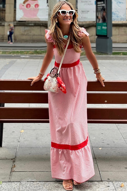 Red Stripe Bow Knot Straps Contrast Trim High Waist Ruffle Hem Maxi Dress 🇺🇸