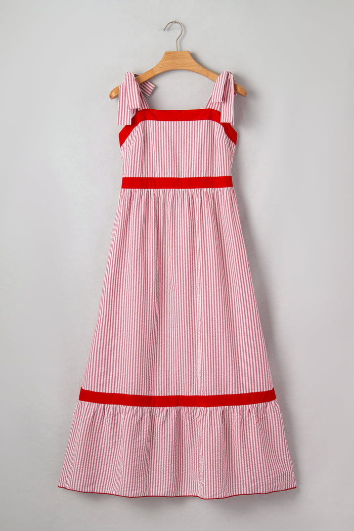 Red Stripe Bow Knot Straps Contrast Trim High Waist Ruffle Hem Maxi Dress 🇺🇸