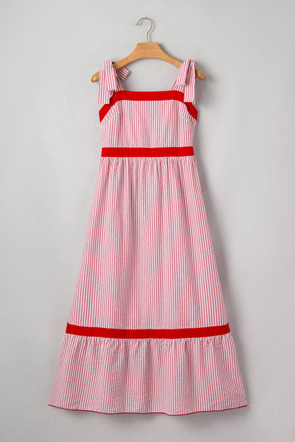 Red Stripe Bow Knot Straps Contrast Trim High Waist Ruffle Hem Maxi Dress 🇺🇸