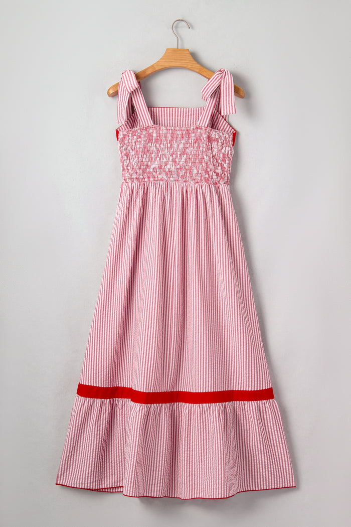 Red Stripe Bow Knot Straps Contrast Trim High Waist Ruffle Hem Maxi Dress 🇺🇸