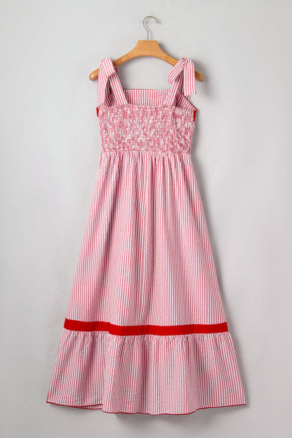 Red Stripe Bow Knot Straps Contrast Trim High Waist Ruffle Hem Maxi Dress 🇺🇸