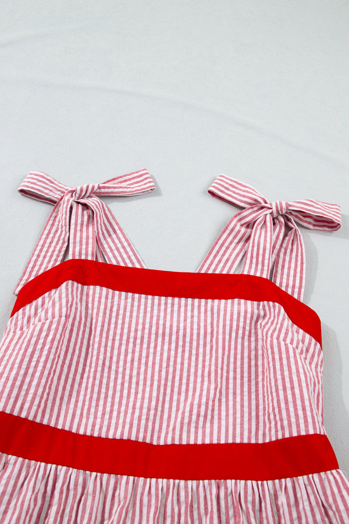 Red Stripe Bow Knot Straps Contrast Trim High Waist Ruffle Hem Maxi Dress 🇺🇸
