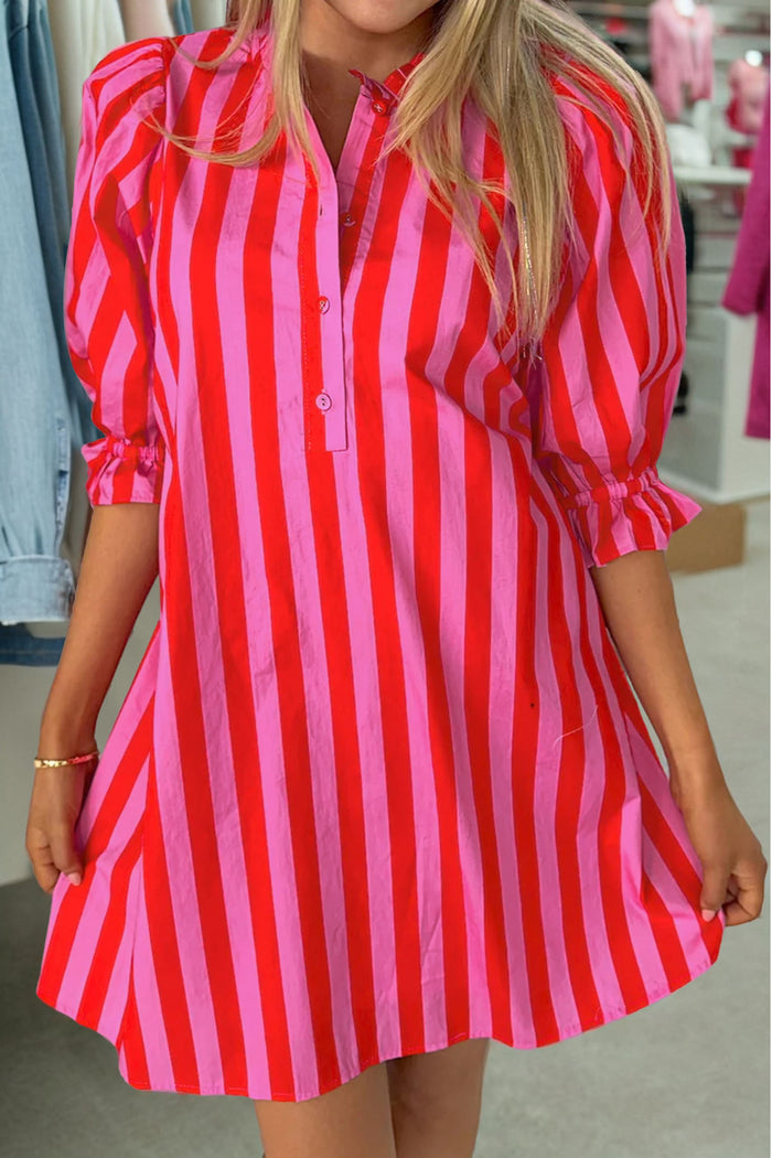 Red Stripe Half Button Puff Sleeve Loose Mini Dress 🇺🇸