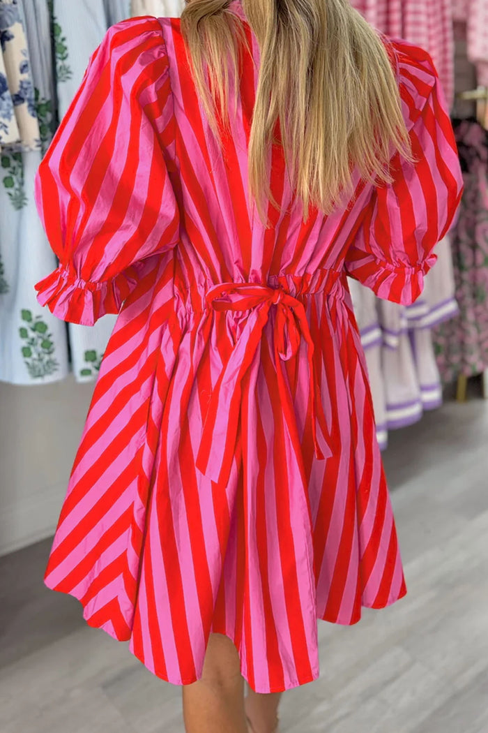 Red Stripe Half Button Puff Sleeve Loose Mini Dress 🇺🇸