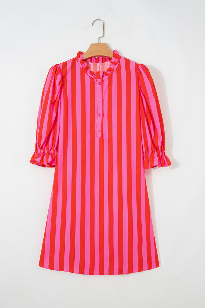 Red Stripe Half Button Puff Sleeve Loose Mini Dress 🇺🇸