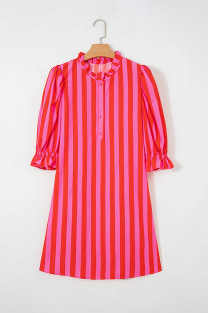 Red Stripe Half Button Puff Sleeve Loose Mini Dress 🇺🇸