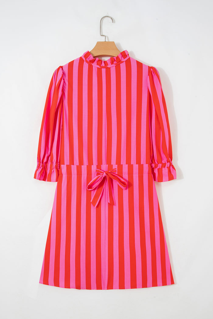 Red Stripe Half Button Puff Sleeve Loose Mini Dress 🇺🇸