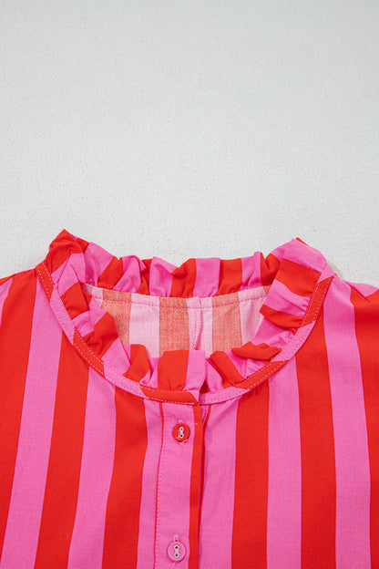 Red Stripe Half Button Puff Sleeve Loose Mini Dress 🇺🇸
