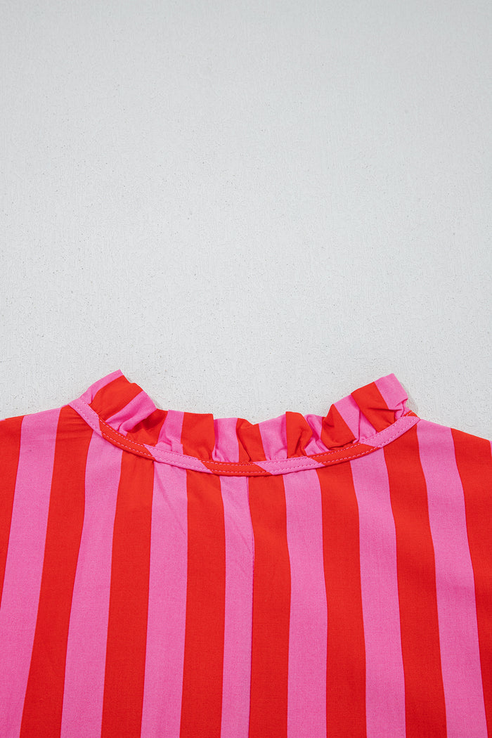 Red Stripe Half Button Puff Sleeve Loose Mini Dress 🇺🇸