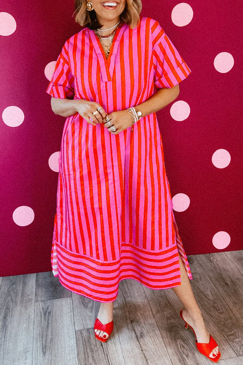 Red Stripe V Neck Cuffed Sleeve Relaxed Split Midi Dress 🇺🇸