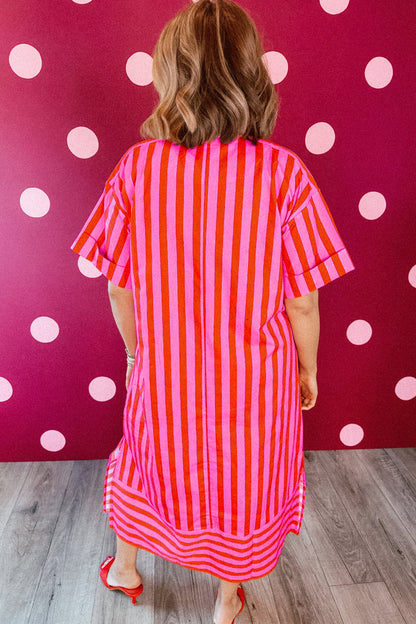 Red Stripe V Neck Cuffed Sleeve Relaxed Split Midi Dress 🇺🇸