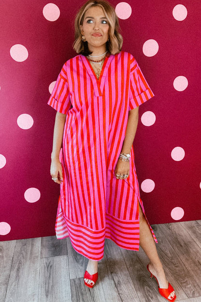 Red Stripe V Neck Cuffed Sleeve Relaxed Split Midi Dress 🇺🇸