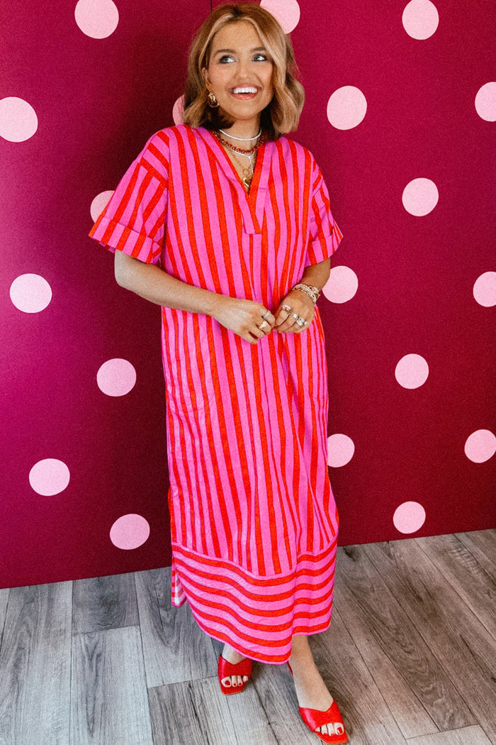 Red Stripe V Neck Cuffed Sleeve Relaxed Split Midi Dress 🇺🇸