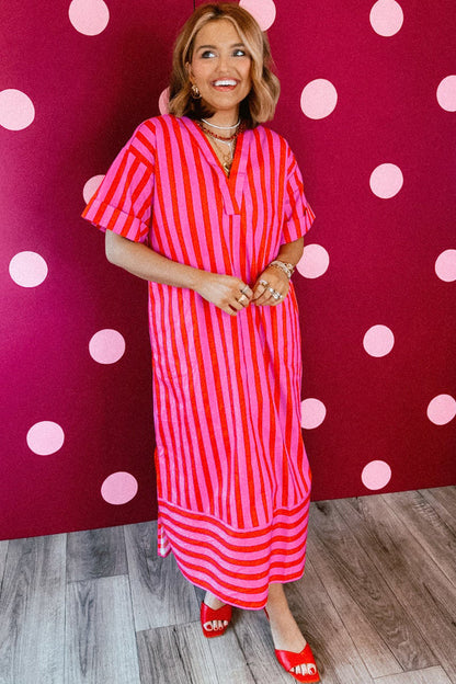 Red Stripe V Neck Cuffed Sleeve Relaxed Split Midi Dress 🇺🇸