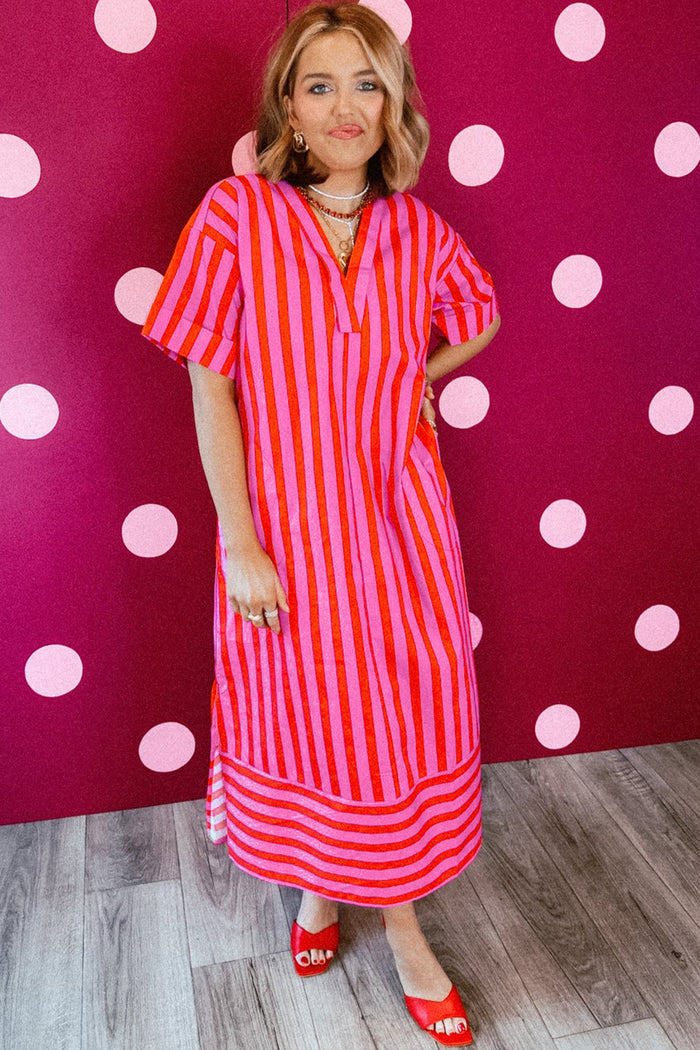 Red Stripe V Neck Cuffed Sleeve Relaxed Split Midi Dress 🇺🇸