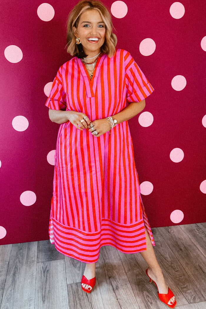 Red Stripe V Neck Cuffed Sleeve Relaxed Split Midi Dress 🇺🇸