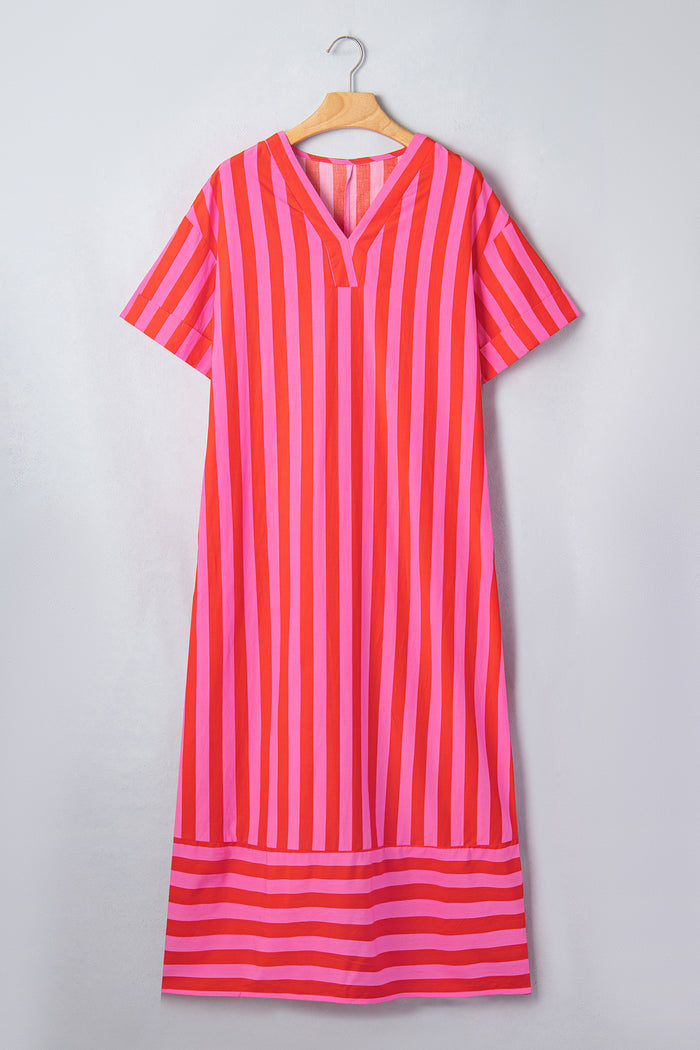 Red Stripe V Neck Cuffed Sleeve Relaxed Split Midi Dress 🇺🇸