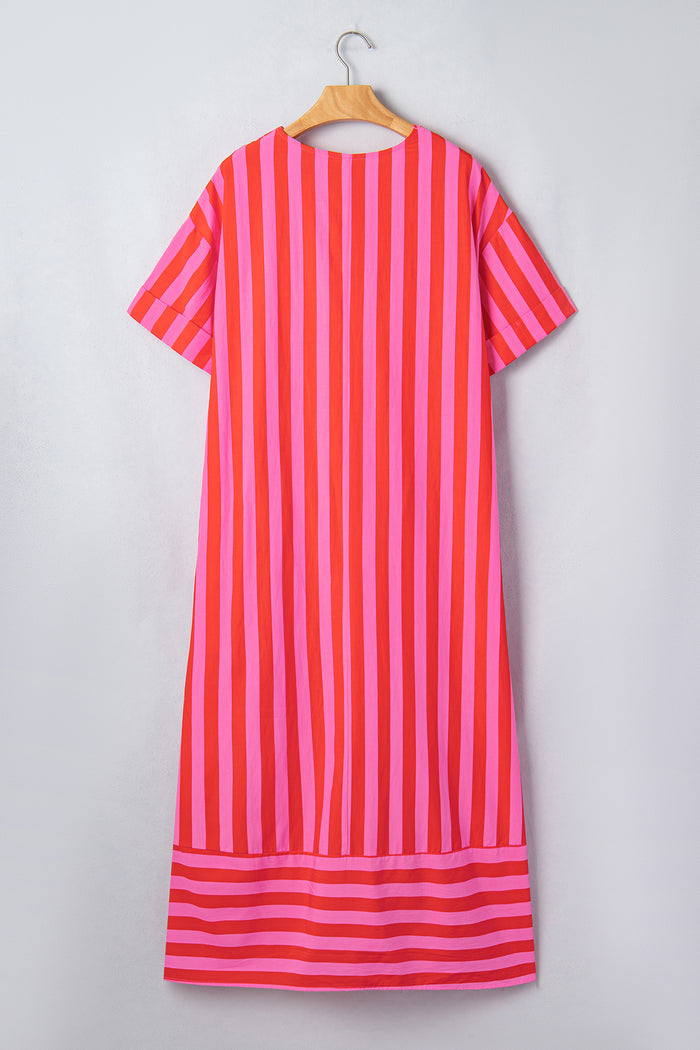 Red Stripe V Neck Cuffed Sleeve Relaxed Split Midi Dress 🇺🇸
