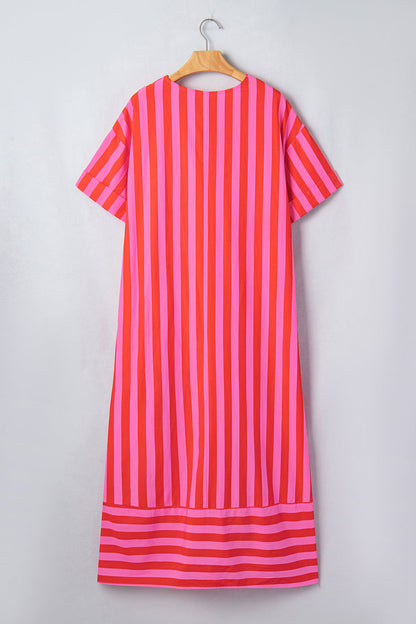 Red Stripe V Neck Cuffed Sleeve Relaxed Split Midi Dress 🇺🇸