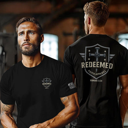 Redeemed Faith Apparel Logo Tee: Christian Cross & Shield Design