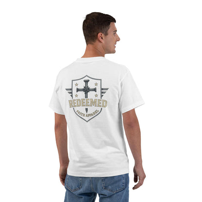 Redeemed Faith Apparel Logo Tee: Christian Cross & Shield Design