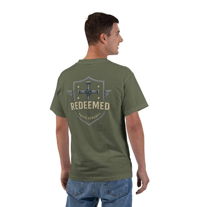 Redeemed Faith Apparel Logo Tee: Christian Cross & Shield Design