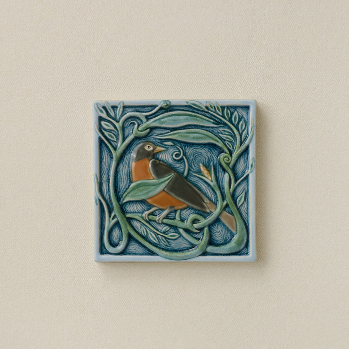 Hand-painted Rookwood Winterberry Robin revival bird art tile in cool blue winter tones, unframed