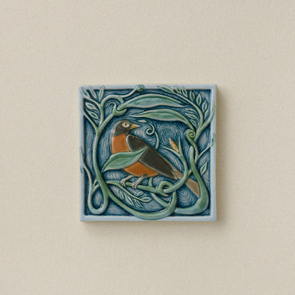 Hand-painted Rookwood Winterberry Robin revival bird art tile in cool blue winter tones, unframed