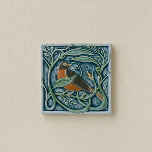 Hand-painted Rookwood Winterberry Robin revival bird art tile in cool blue winter tones, unframed