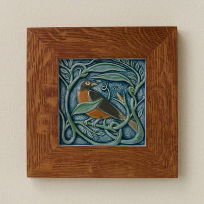 Rookwood Winterberry Robin revival bird art tile in a golden oak wood frame