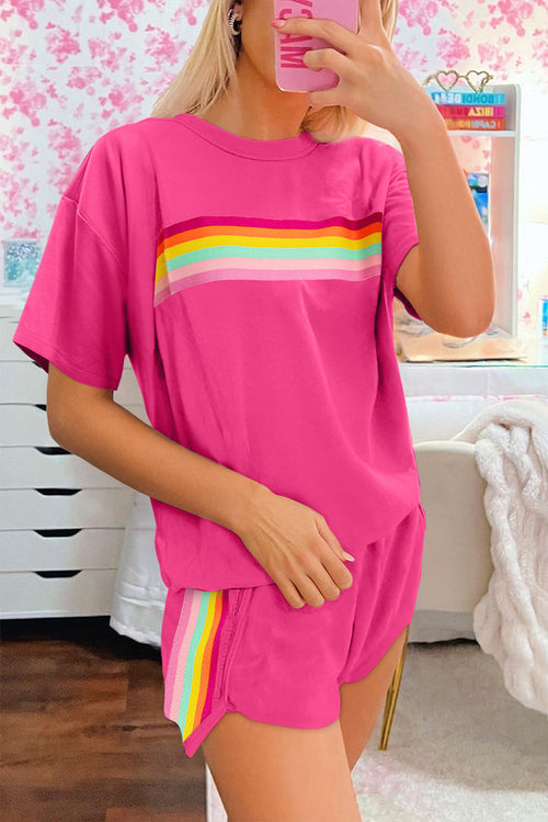 Rose Red Vibrant Striped Detail Athleisure 2pcs Short Set 🇺🇸