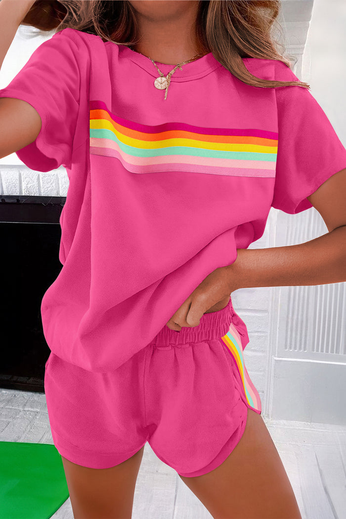 Rose Red Vibrant Striped Detail Athleisure 2pcs Short Set 🇺🇸