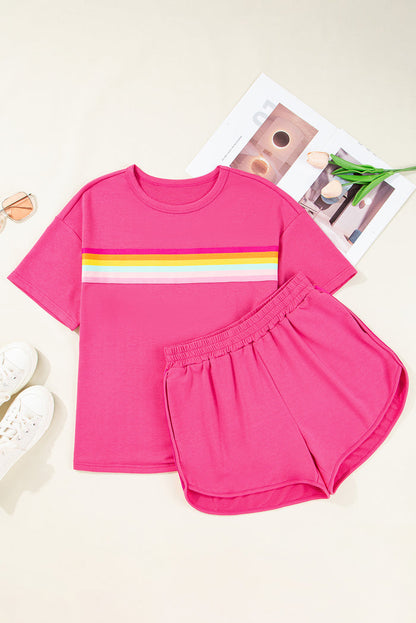 Rose Red Vibrant Striped Detail Athleisure 2pcs Short Set 🇺🇸